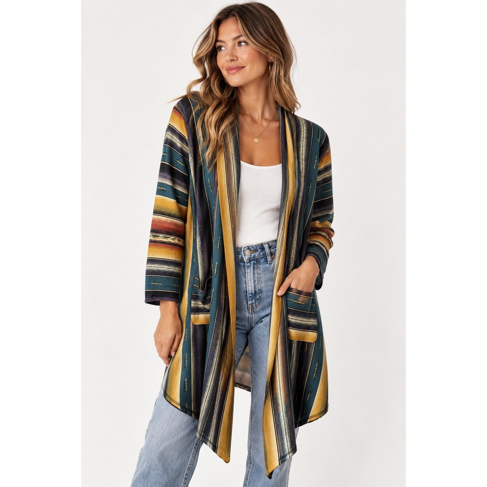 Double D Ranch Serape Stripe Open Front Cardigan XL Western Southwestern Teal
